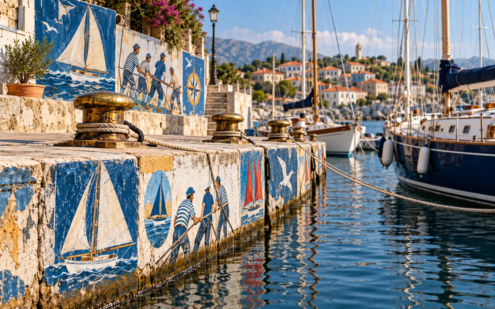 Murs de quai couverts de peintures de bateaux dans un port atlantique