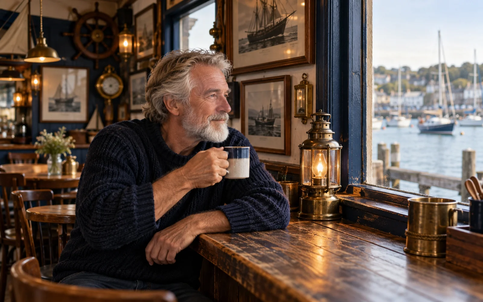 Comptoir en bois d’un café de marins face au port