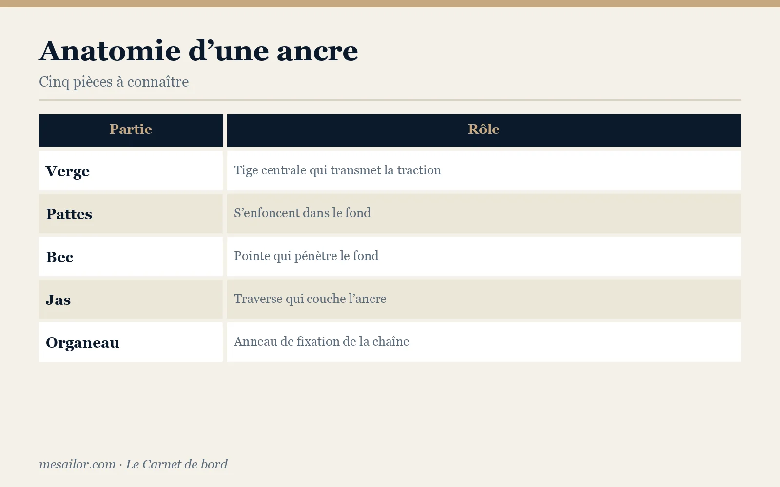 Infographie : anatomie d’une ancre, verge, bras, bec, jas et organeau