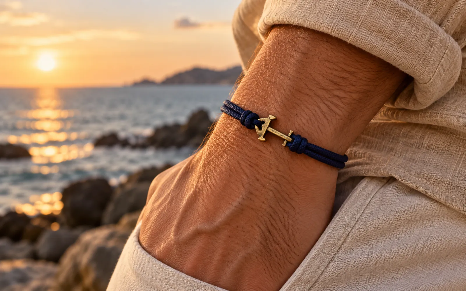 Poignet portant un bracelet en forme d’ancre devant la mer