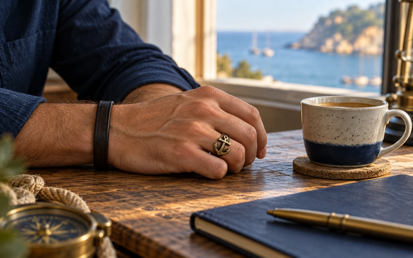 Main avec une bague ancre et un bracelet en cuir uni posée sur un bureau