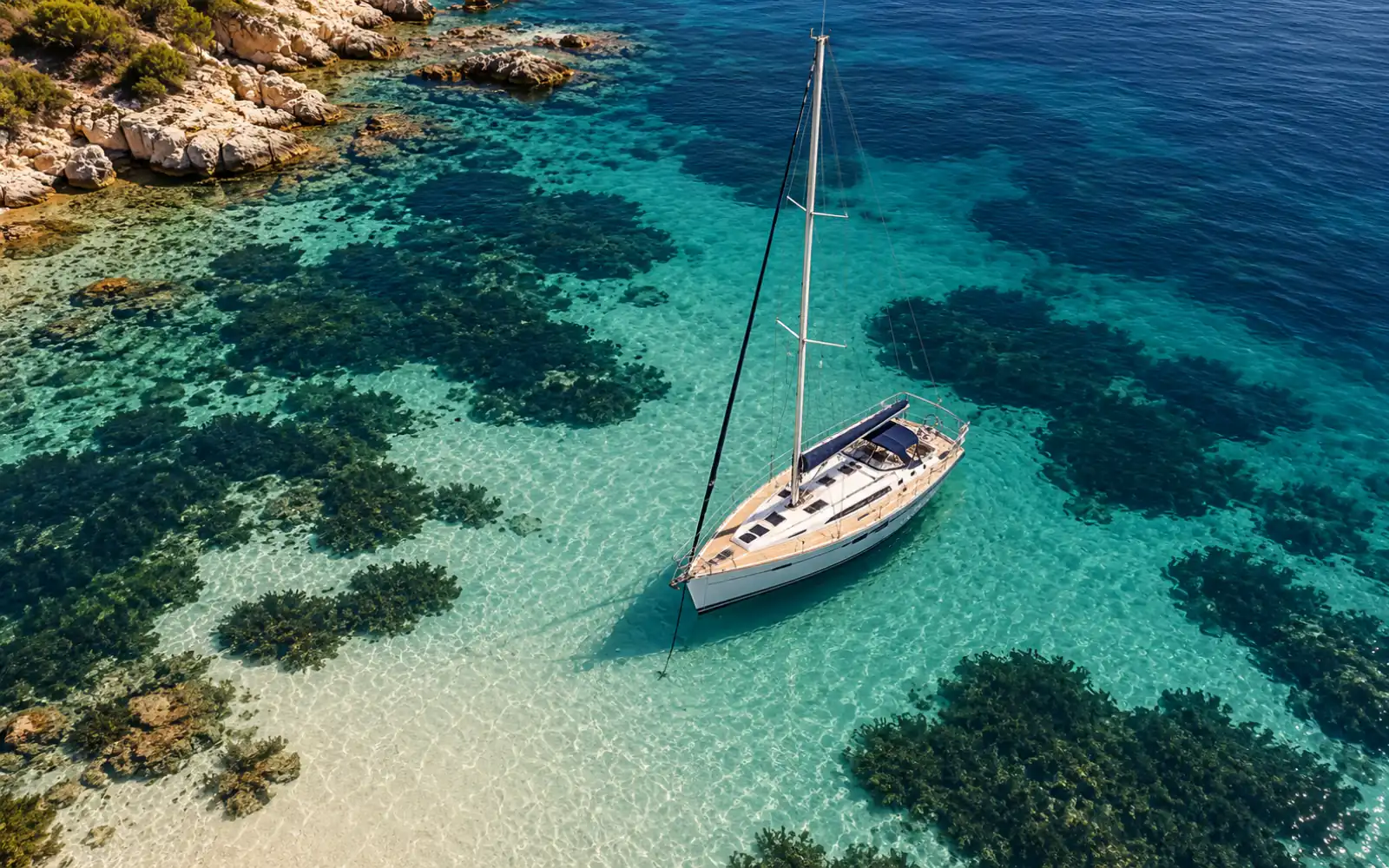 Eau transparente vue de dessus montrant des taches sombres d’herbier et du sable clair, avec un voilier à l’ancre