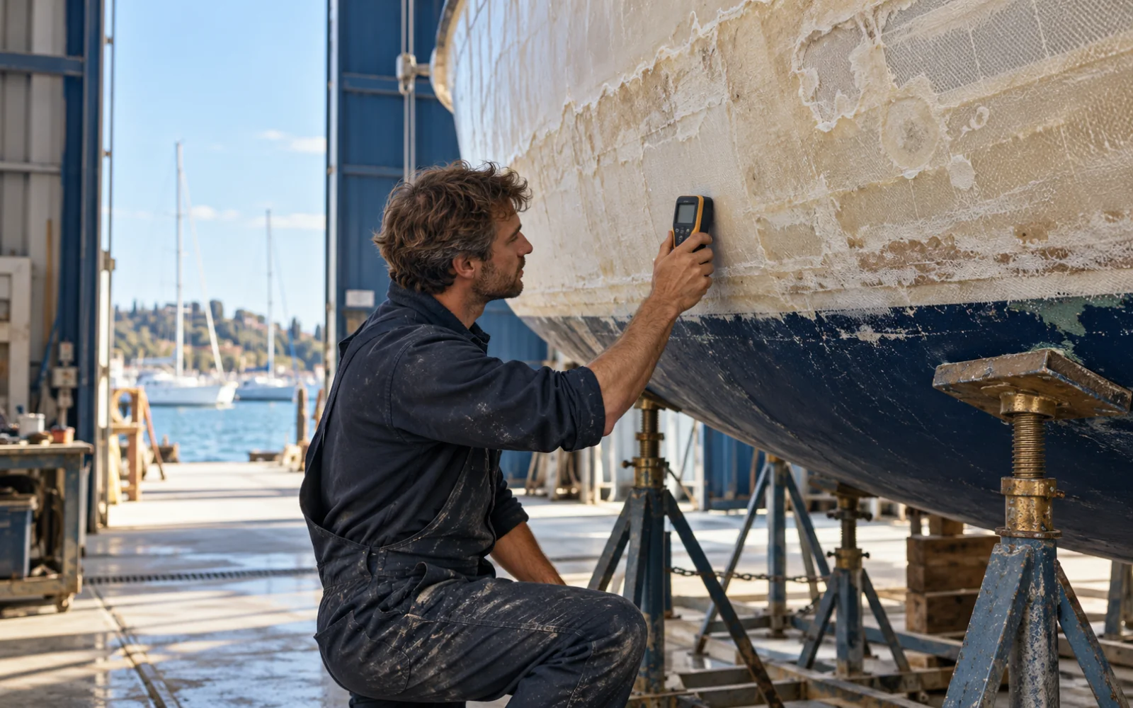 Coque de voilier pelée, posée sur des chandelles dans un chantier naval, en cours de séchage