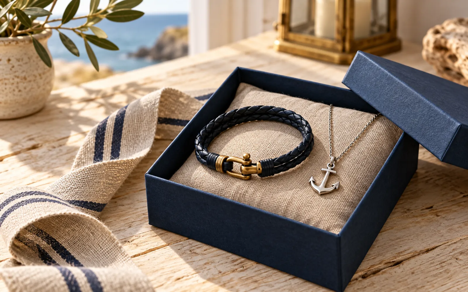 Écrin ouvert contenant un bracelet en cuir et un pendentif ancre, posé sur une table en bois