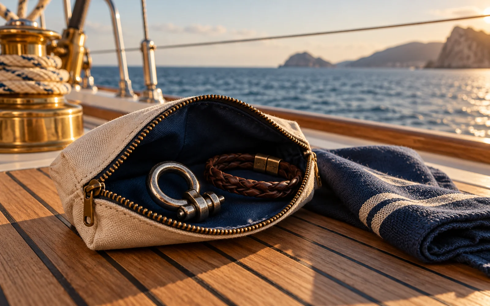 Pochette en tissu ouverte contenant une bague et un bracelet, posée sur le pont d’un voilier