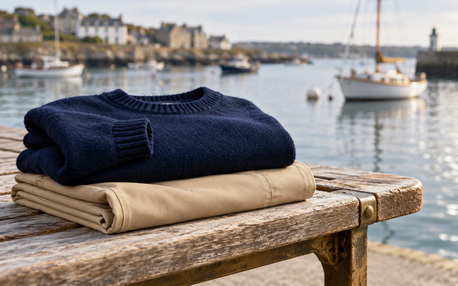 Pull bleu marine et chino beige pliés sur un banc en bois au bord de l’eau