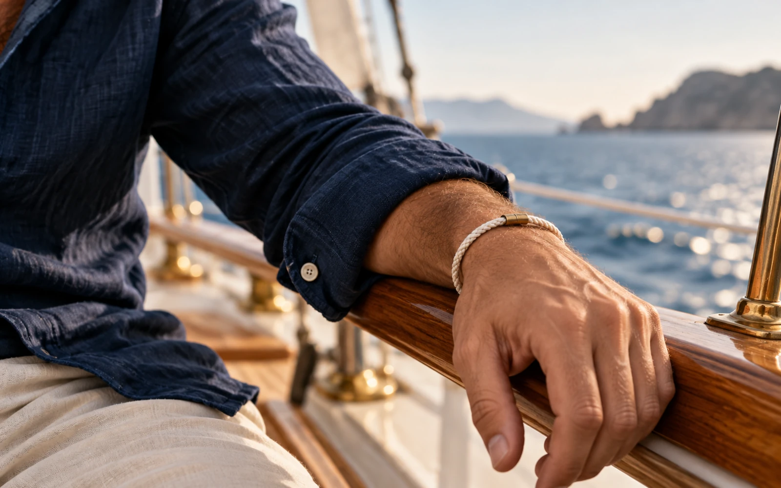 Détail d’une manche de lin bleu marine avec un bracelet en cordage blanc