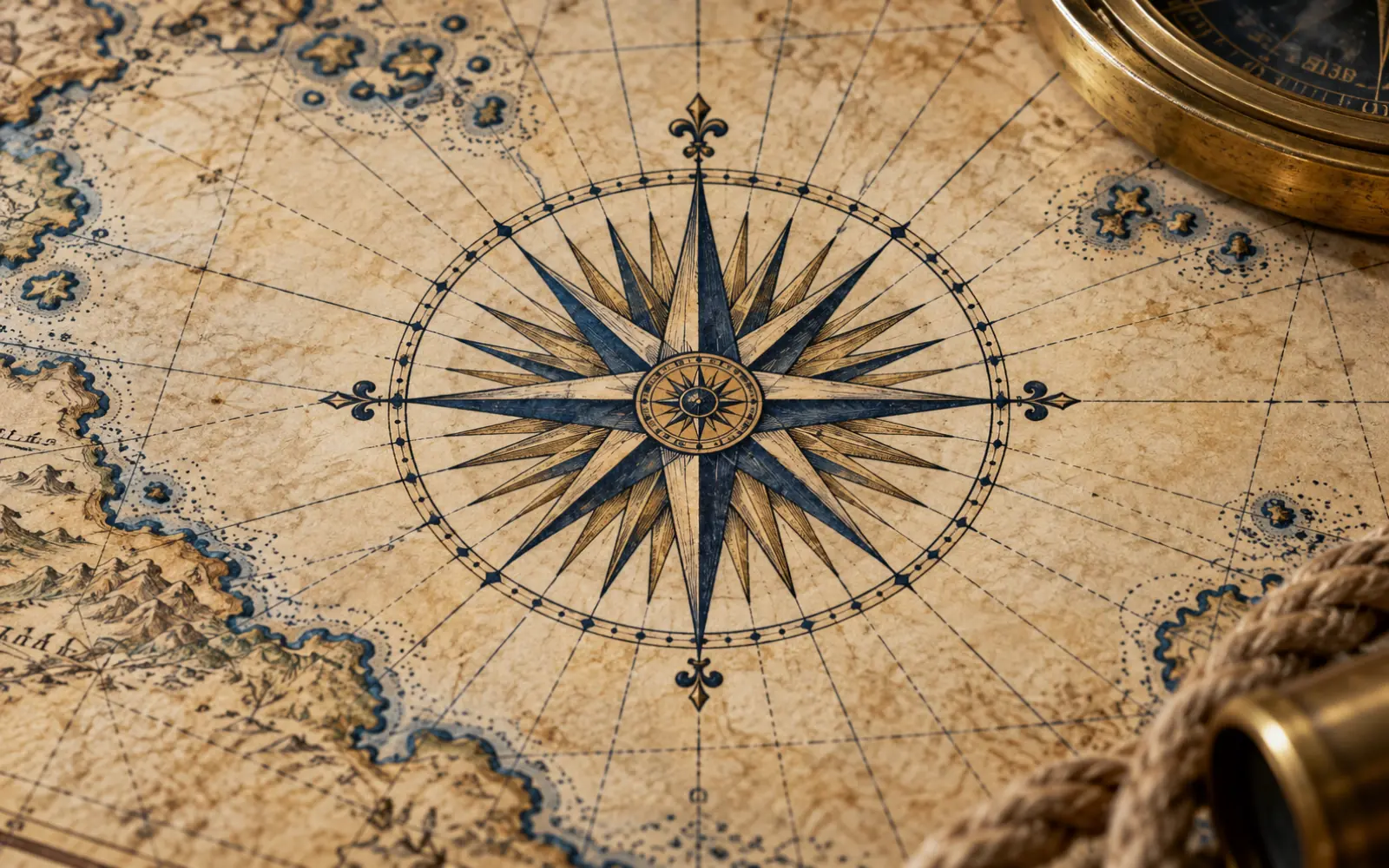 Rose des vents dessinée à l’encre sur une carte marine ancienne