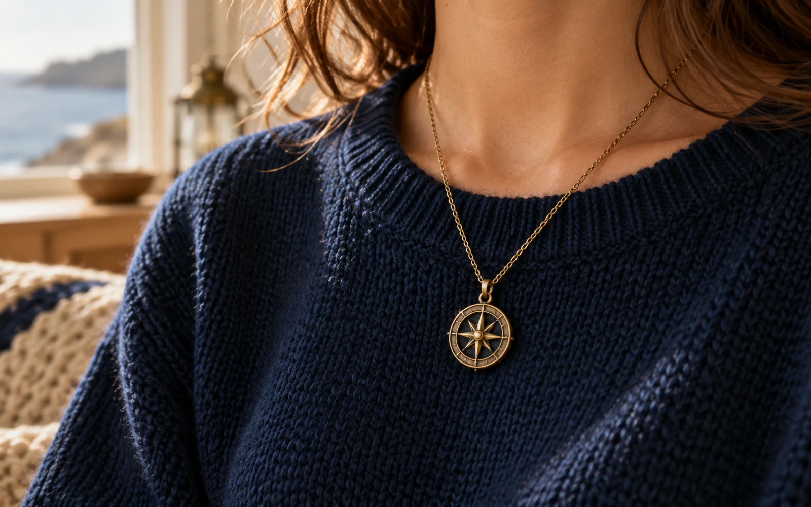 Pendentif boussole en métal porté sur un pull bleu marine