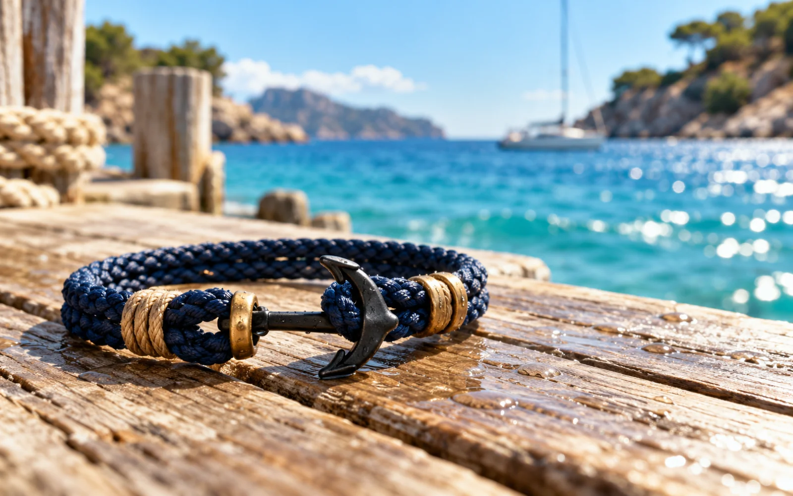 Bracelet de corde tissée posé à sécher au soleil sur un ponton en bois