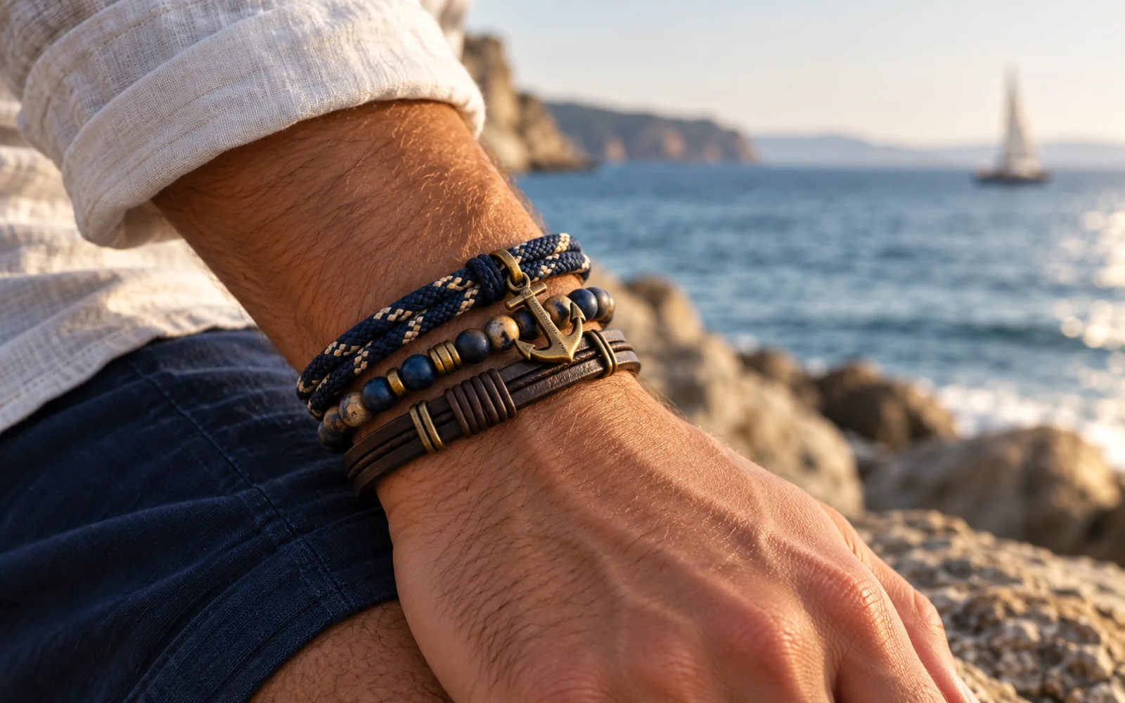 Poignet portant plusieurs bracelets superposés dont un à ancre, devant une mer calme