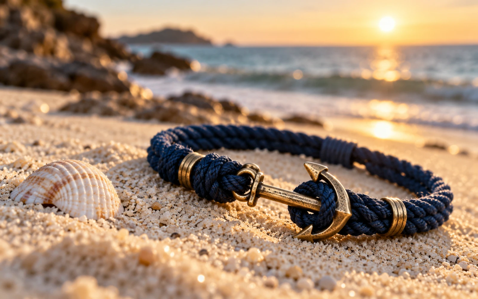 Bracelet en corde tissée posé sur du sable clair avec un coquillage