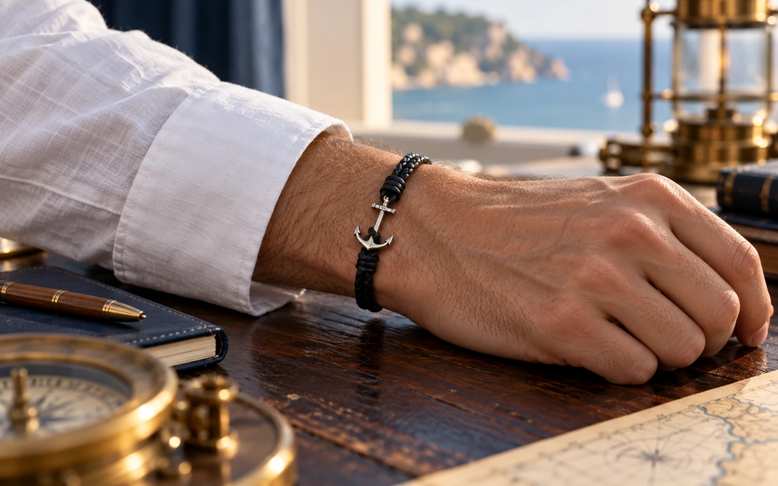 Poignet portant un bracelet en cuir noir sous la manche d’une chemise blanche