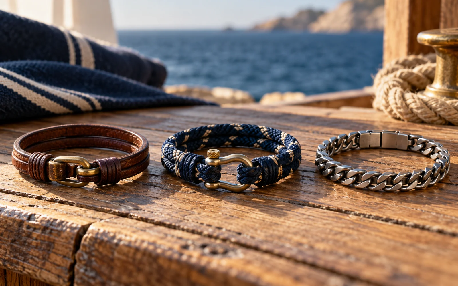 Trois bracelets pour homme en cuir, en corde et en acier posés côte à côte