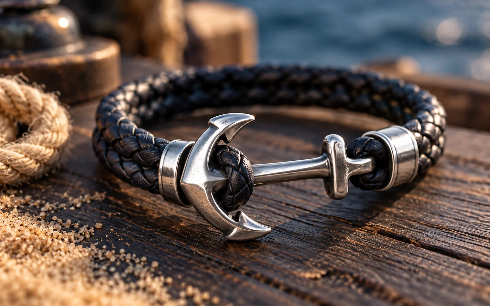 Fermoir en forme d’ancre sur un bracelet de cuir noir, vu de près