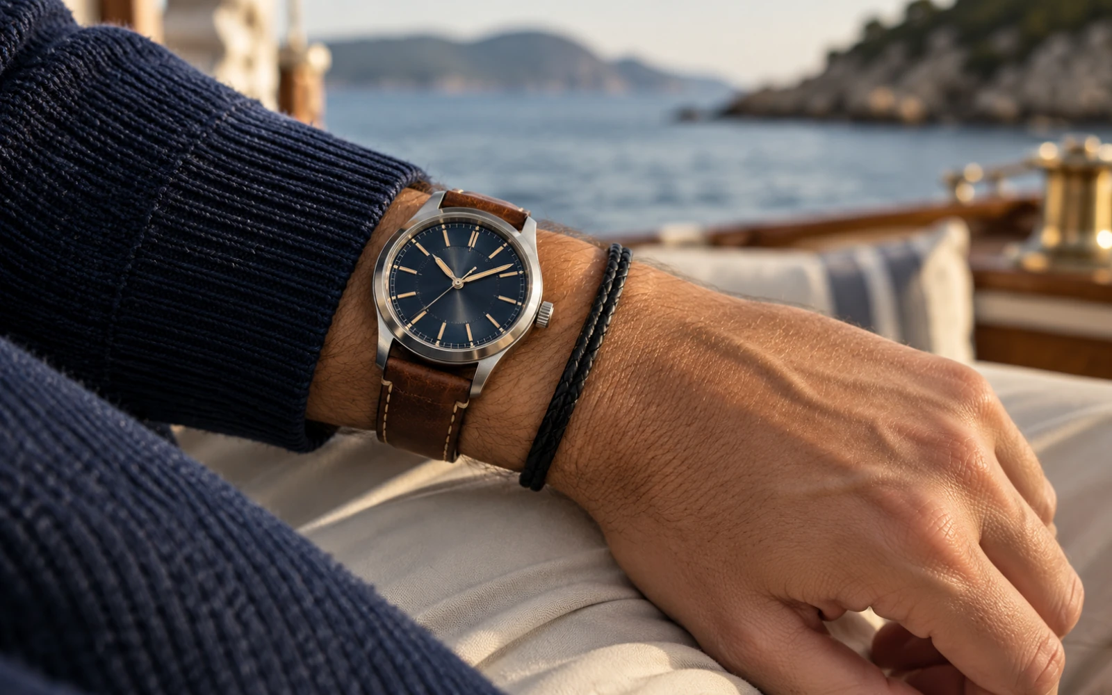 Poignet portant une montre à boîtier acier et un bracelet en cuir noir