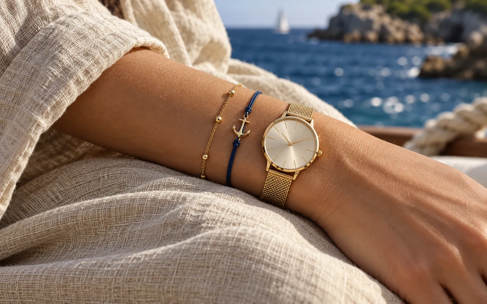 Poignet de femme avec une montre fine et deux bracelets fins superposés