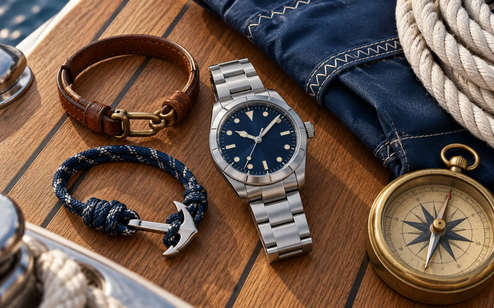 Une montre, un bracelet en cuir et un bracelet en corde posés sur du teck