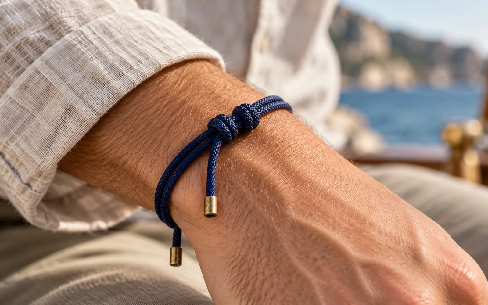 Gros plan sur le nœud coulant d’un bracelet en cordon bleu marine posé sur un poignet