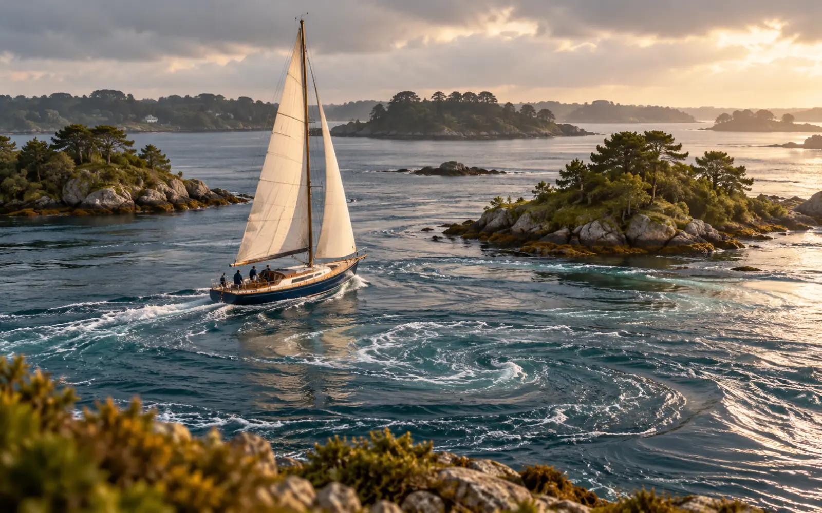 Passe étroite du golfe du Morbihan avec un voilier et des remous de courant à la surface