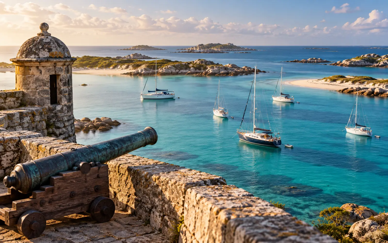 Plan d’eau abrité entre petites îles de sable, voiliers au mouillage vus des remparts d’un fort