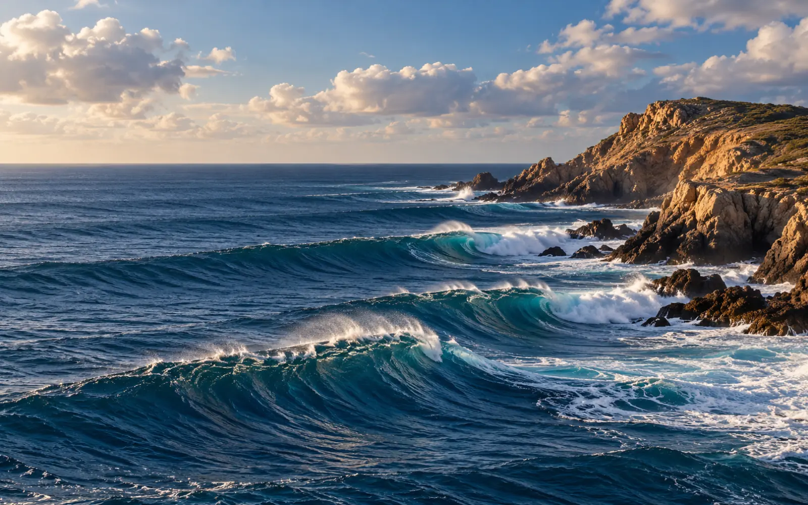 Vagues longues d’une houle régulière approchant un cap rocheux