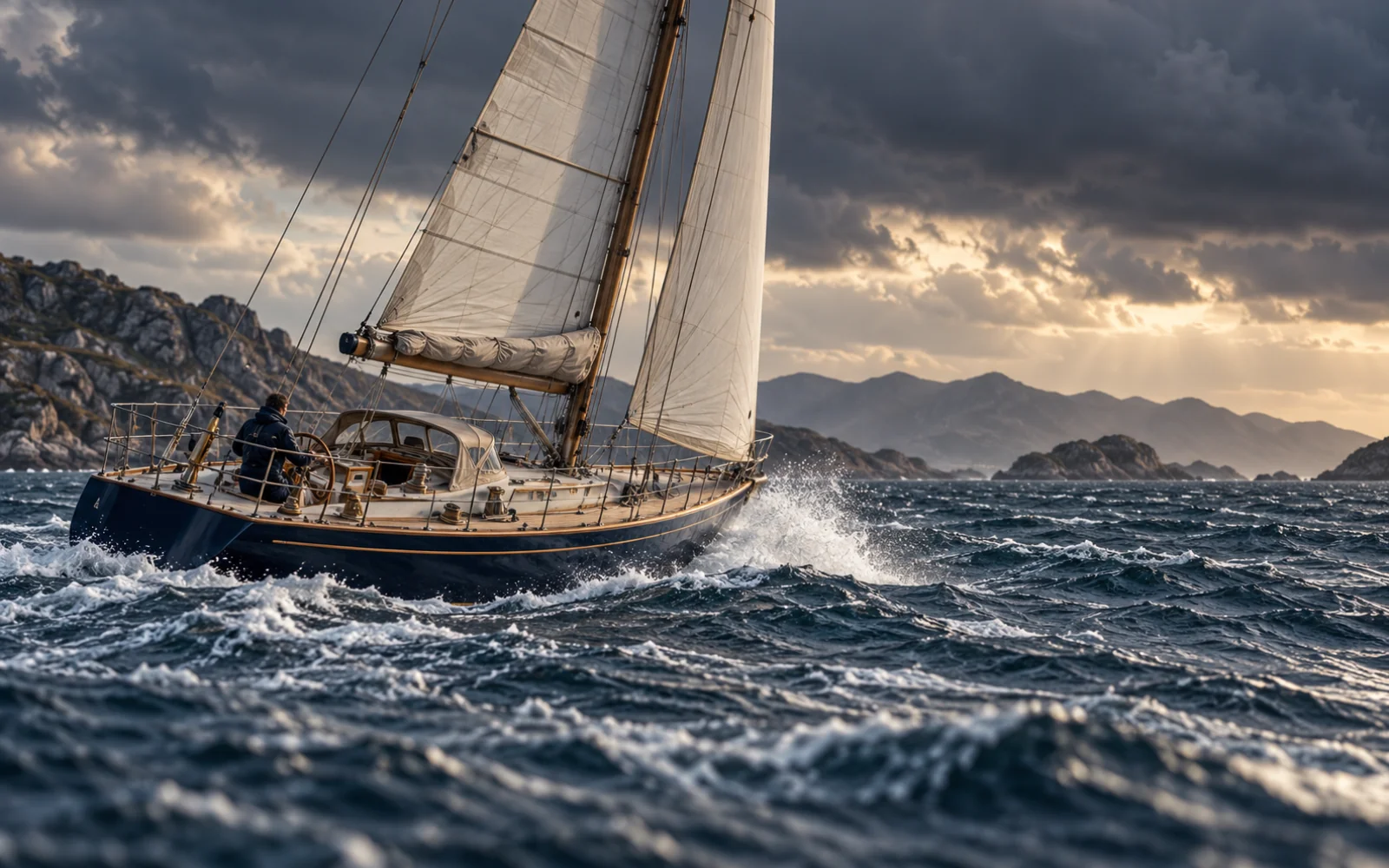 Voilier à voile réduite naviguant sous un ciel menaçant