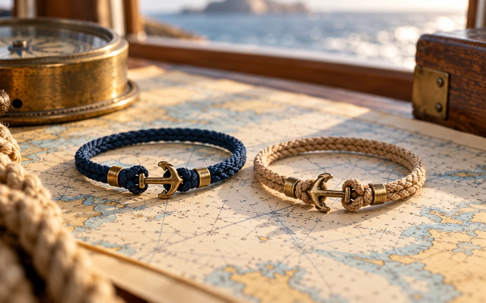 Deux bracelets en cordon assortis, de couleurs différentes, posés sur une carte marine