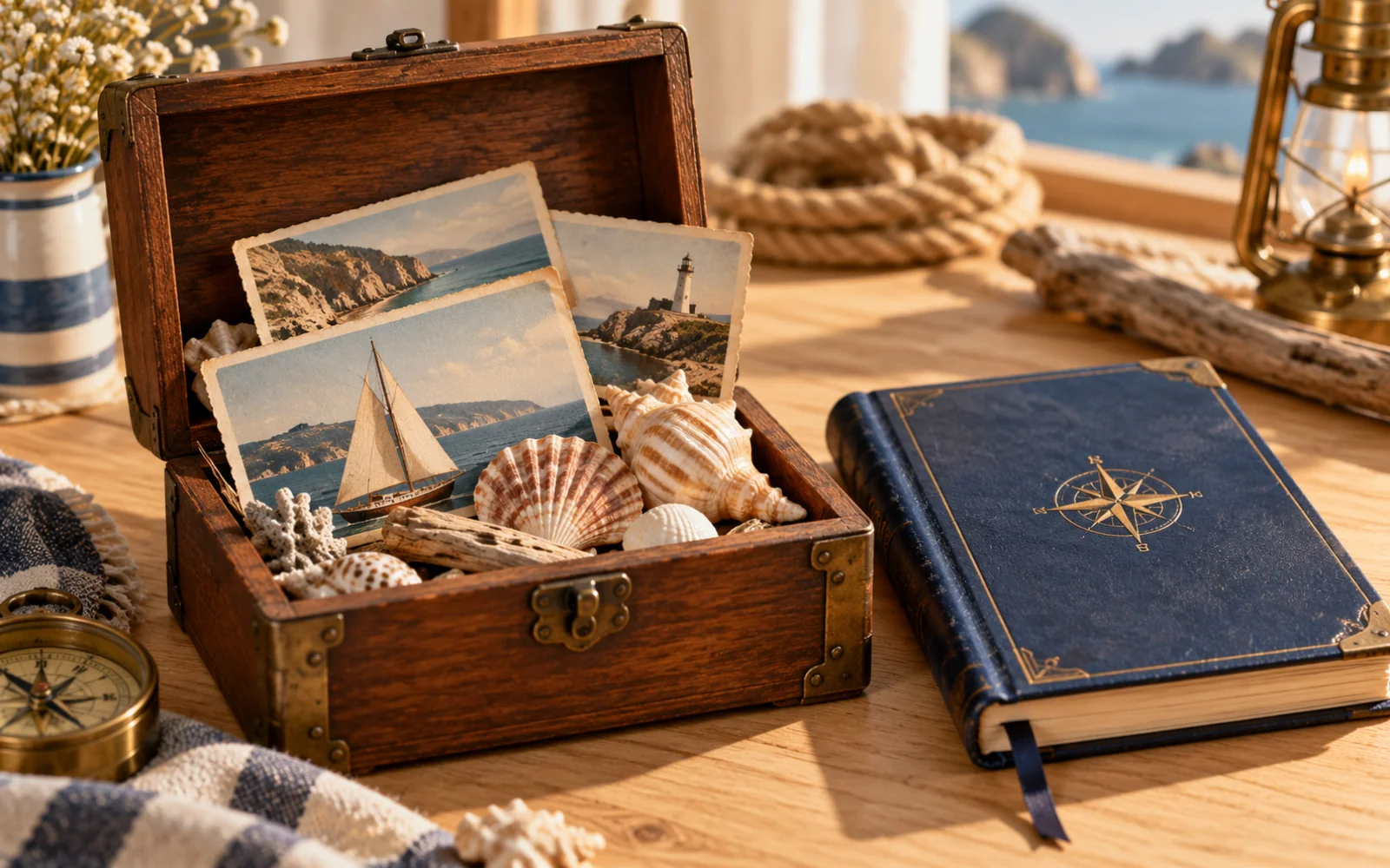Coffret en bois ouvert contenant des coquillages et des cartes postales, avec un carnet de bord fermé
