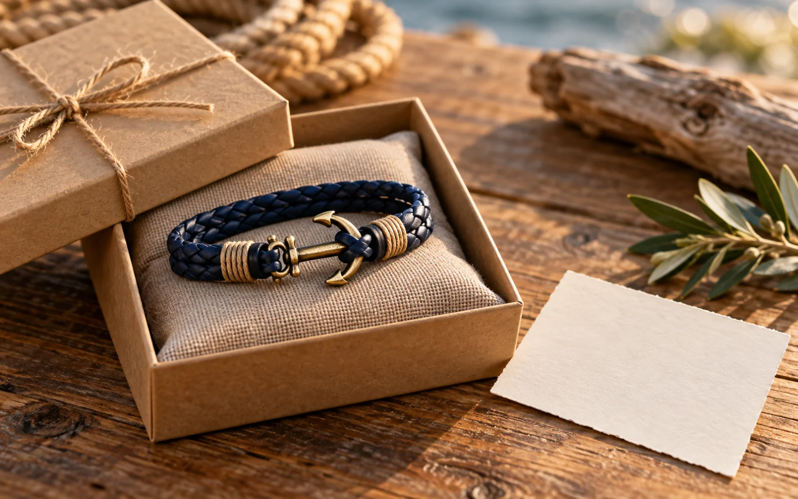 Bracelet en cuir tressé avec une ancre posé dans un écrin ouvert, noué d’un cordon de chanvre