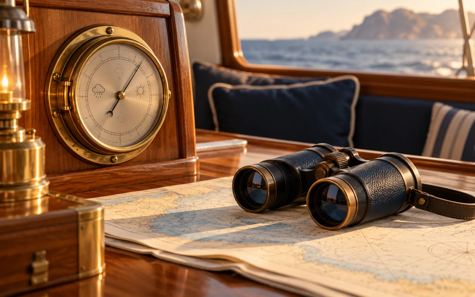 Baromètre de marine en laiton et paire de jumelles posés sur une table de navigation