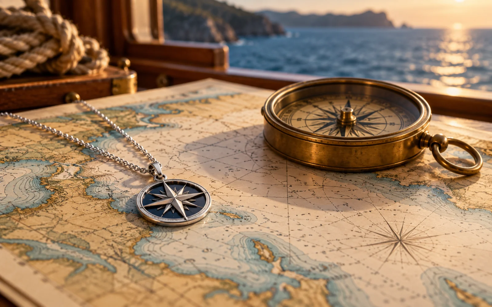 Collier à pendentif boussole posé sur une carte marine avec un compas de relèvement