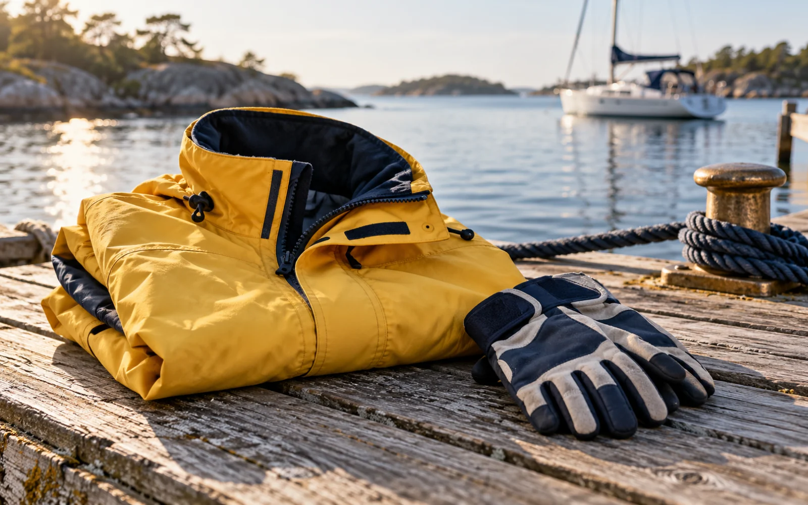 Ciré jaune plié et gants de voile posés sur un ponton en bois