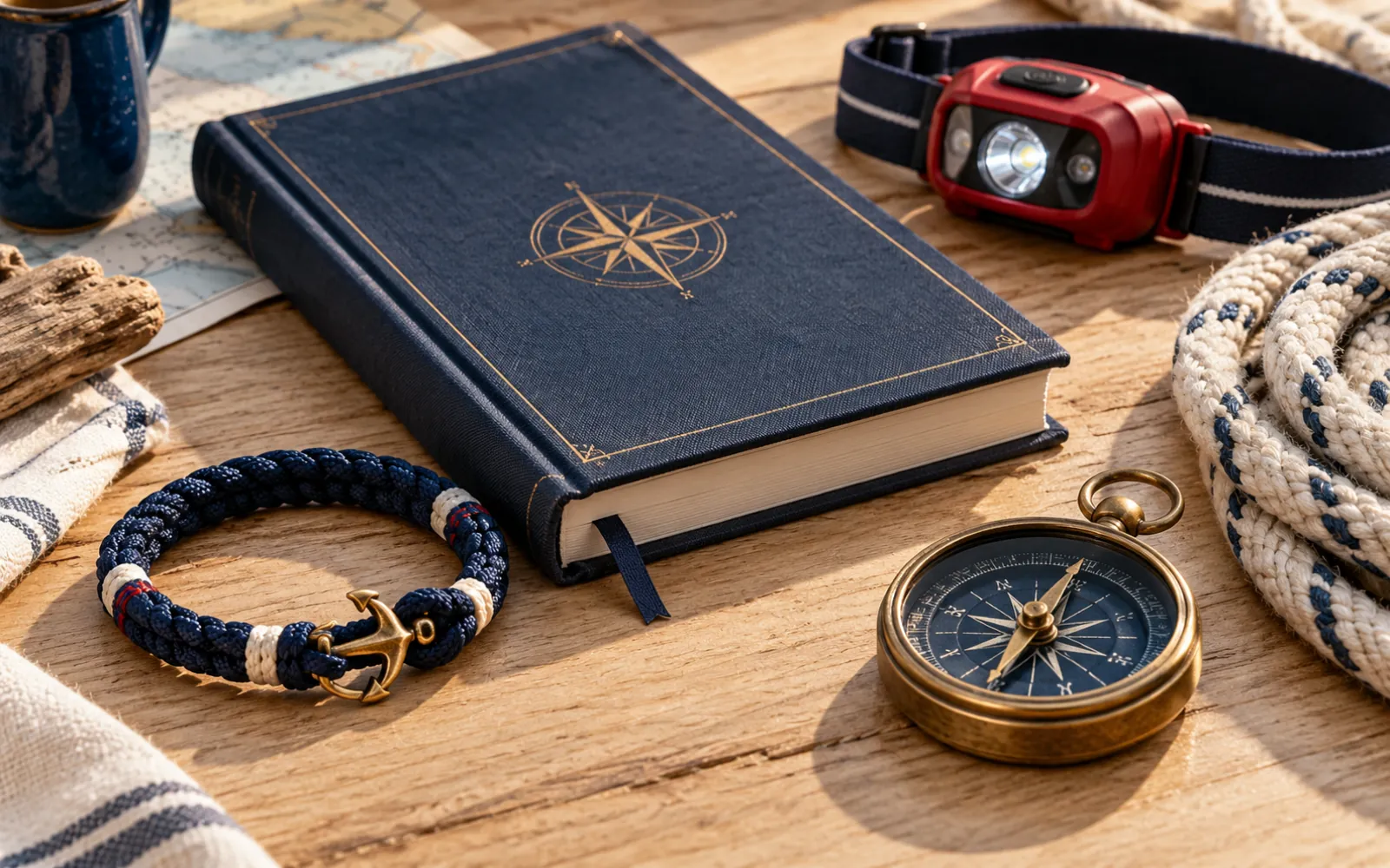 Petits cadeaux marins posés sur une table en bois : bracelet en cordon, carnet, lampe rouge et cordage