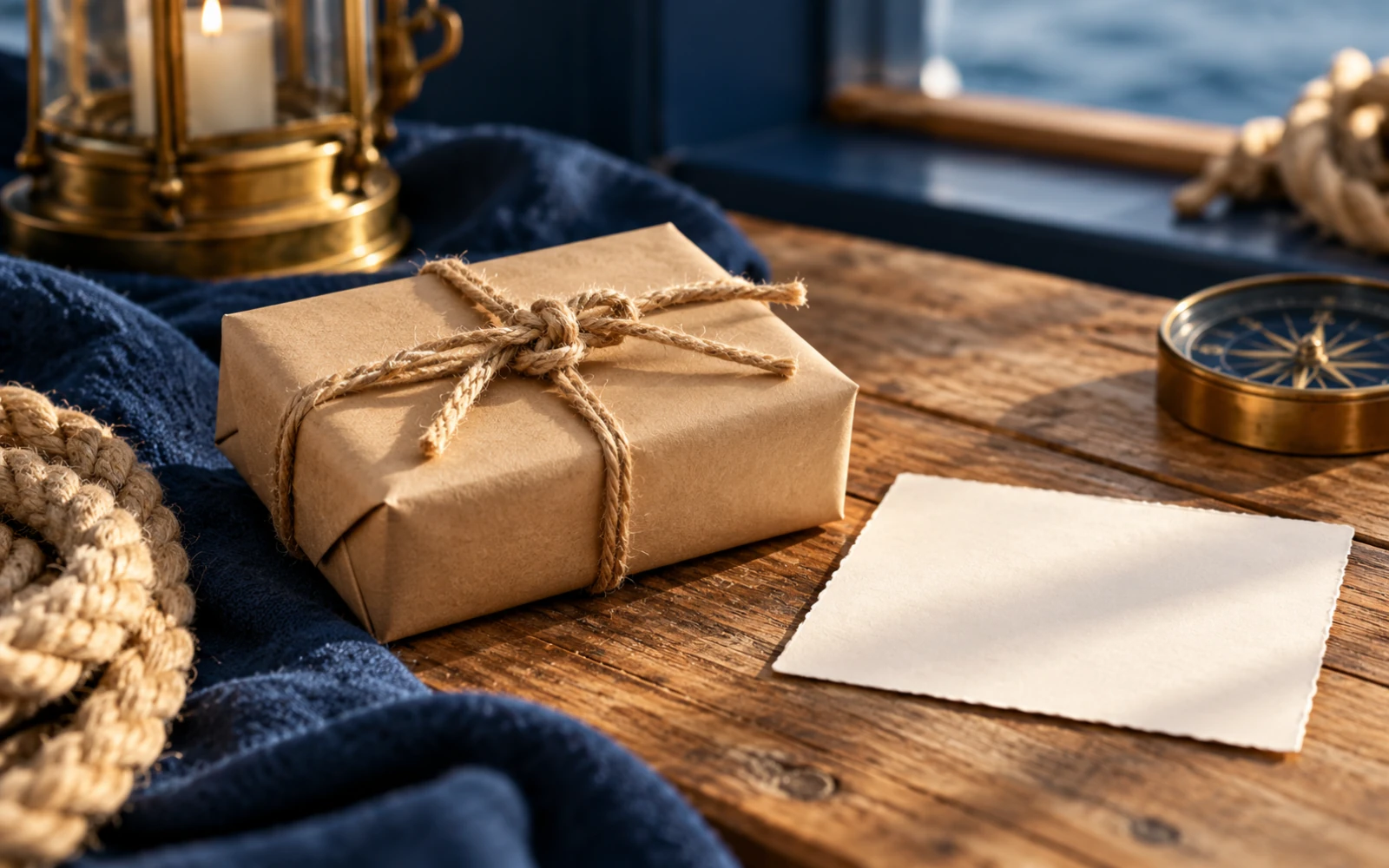 Petit cadeau emballé dans du papier kraft et noué avec un bout de cordage sur une table