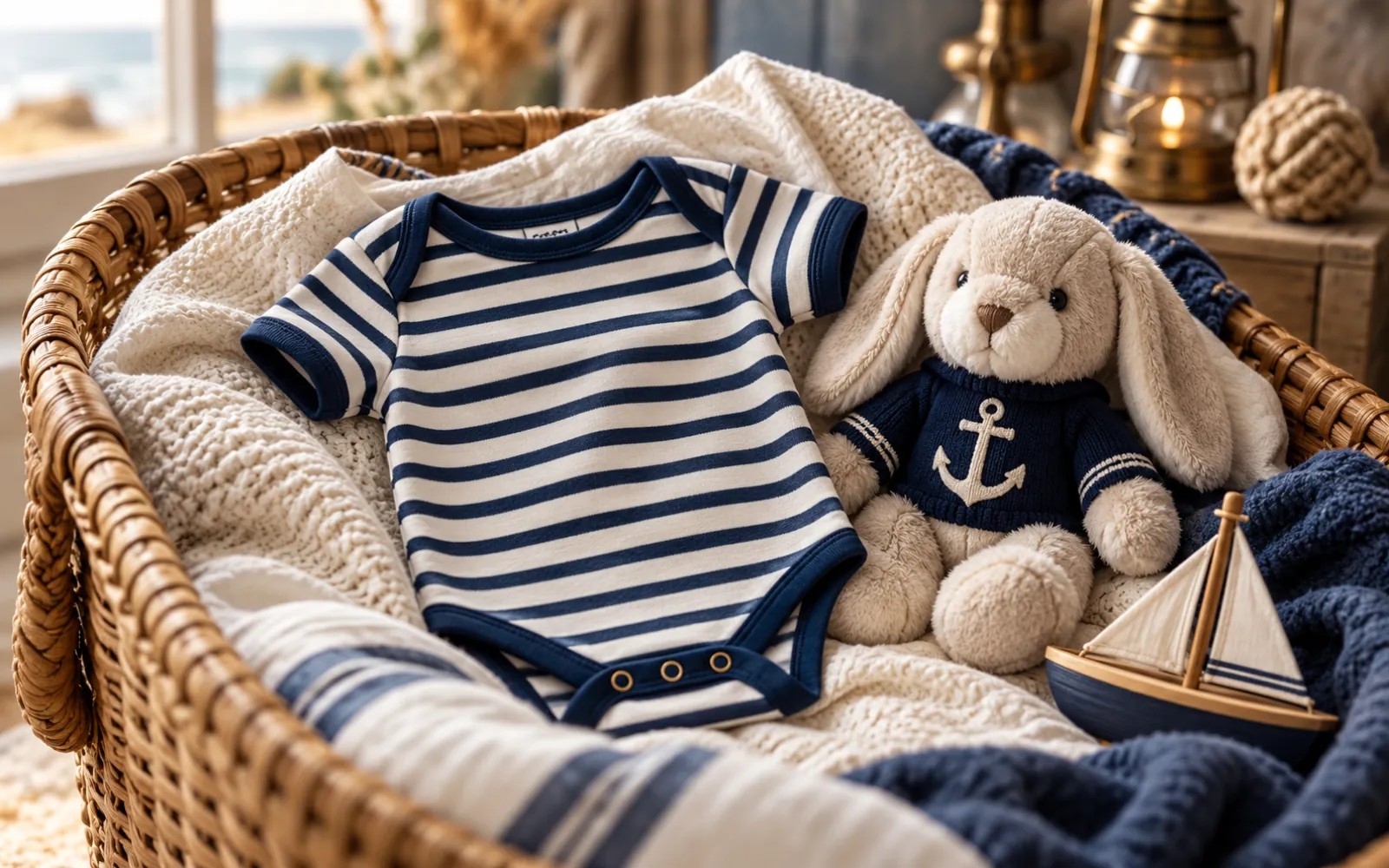 Body rayé bleu marine et blanc et doudou à motif d’ancre posés dans un panier en osier