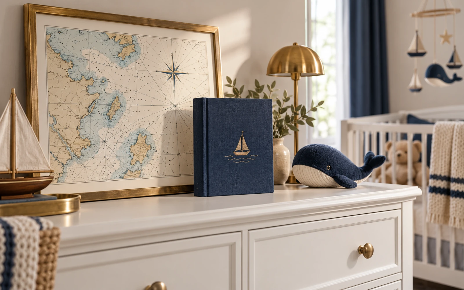 Carte marine encadrée et livre de naissance à couverture rigide posés sur une commode blanche