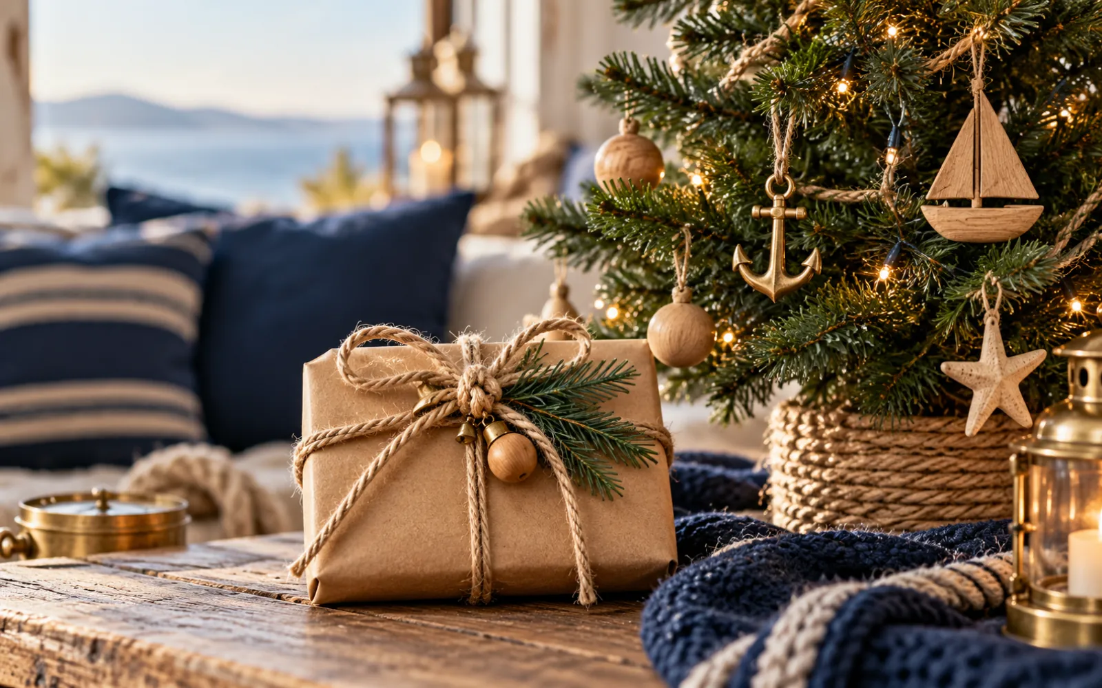 Cadeau de Noël en papier kraft noué d’un cordage, posé à côté d’un petit sapin