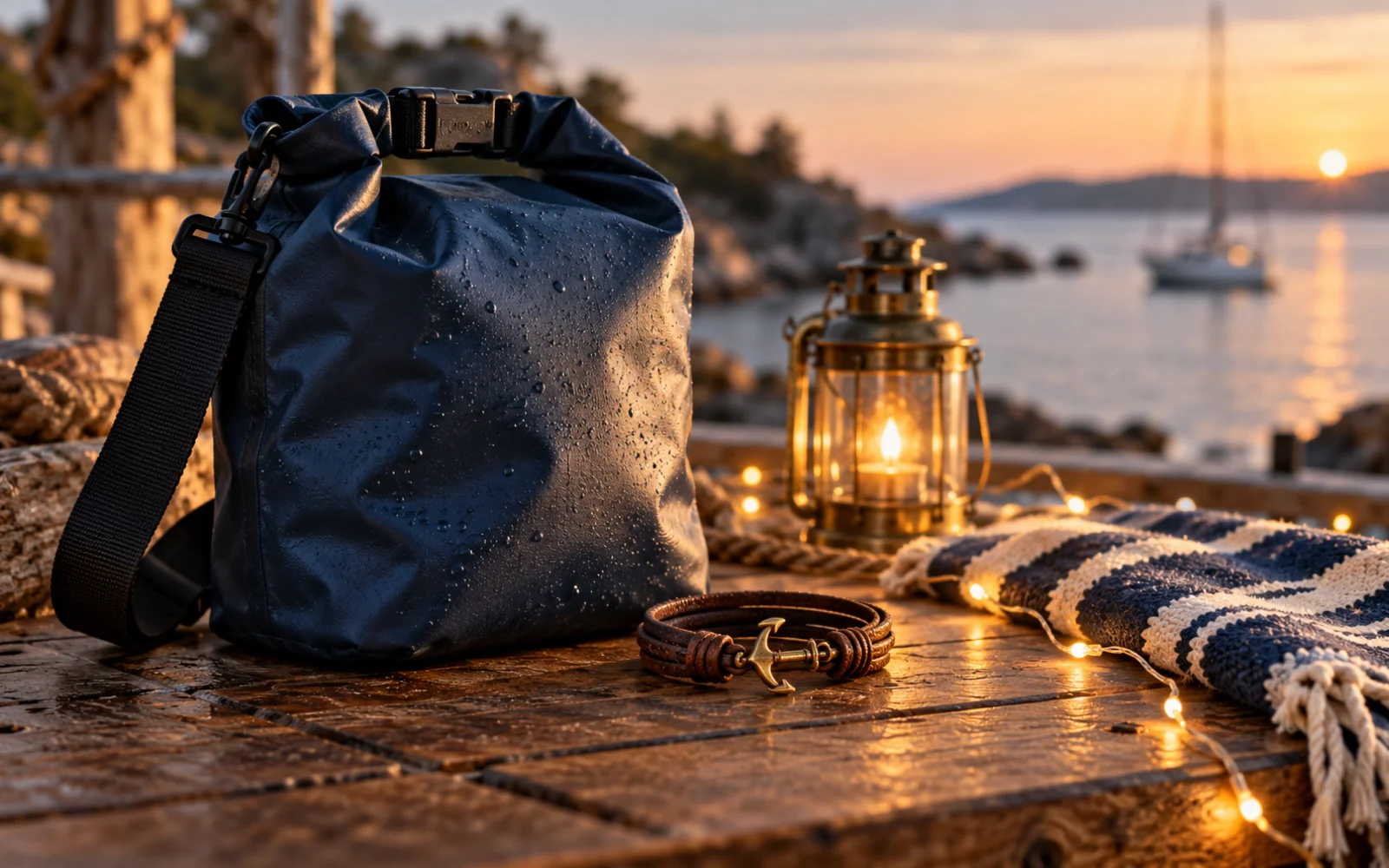 Sac étanche, bracelet en cuir et lumières de guirlande posés sur une table en bois