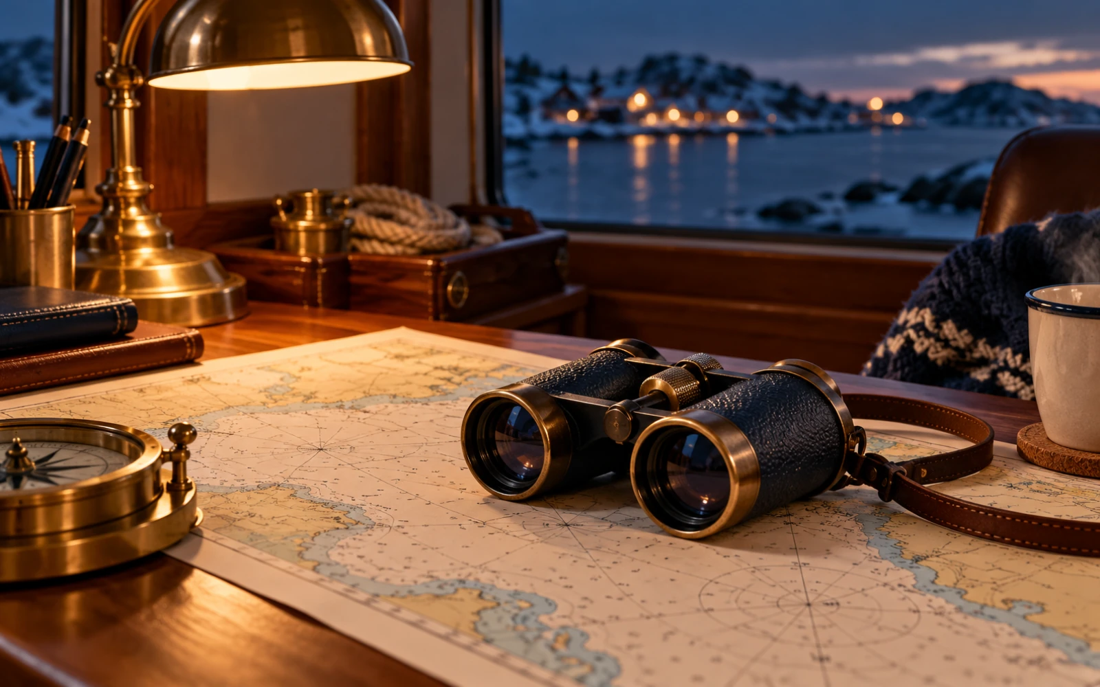 Carte marine et jumelles étanches posées sous la lumière d’une lampe de bureau