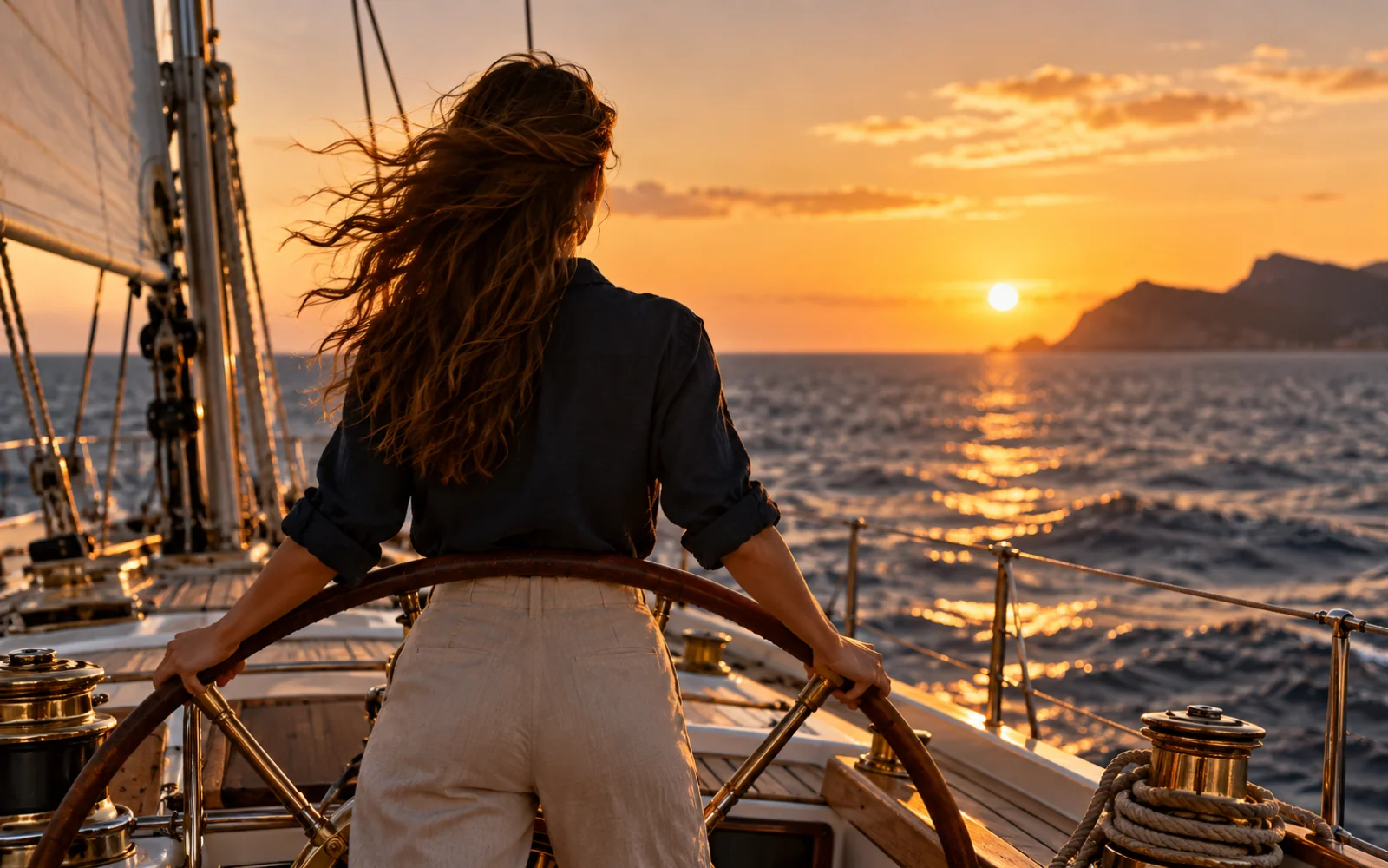 Silhouette d’une femme à la barre d’un voilier au coucher du soleil, vue de dos