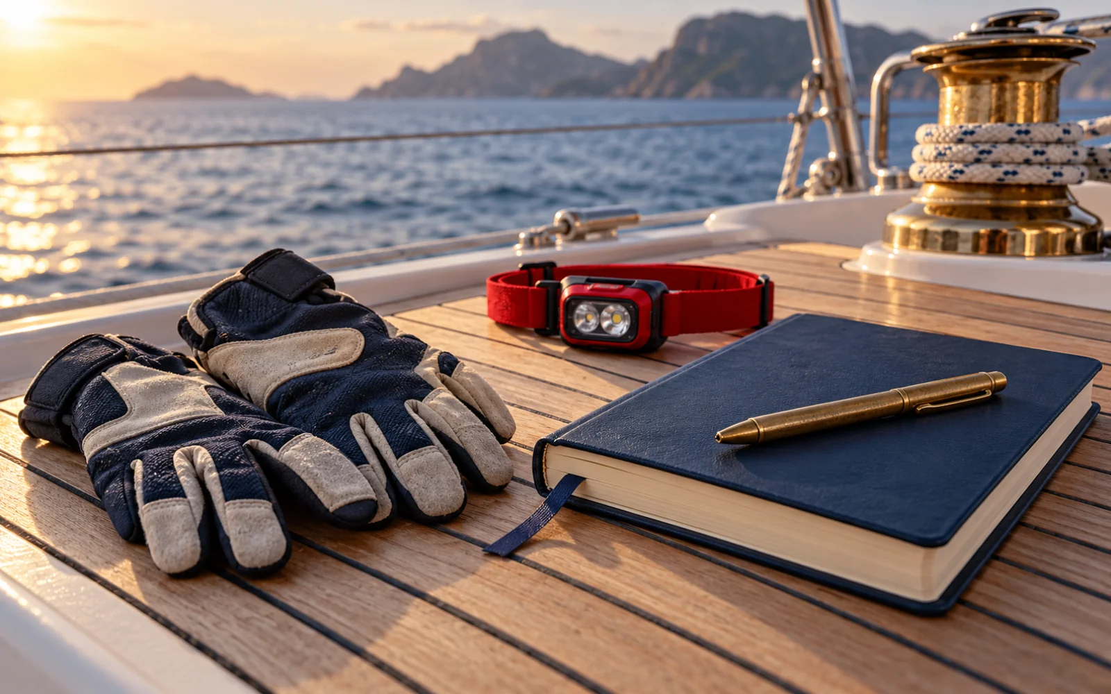 Gants de voile, lampe frontale rouge et carnet de bord posés sur un pont en teck