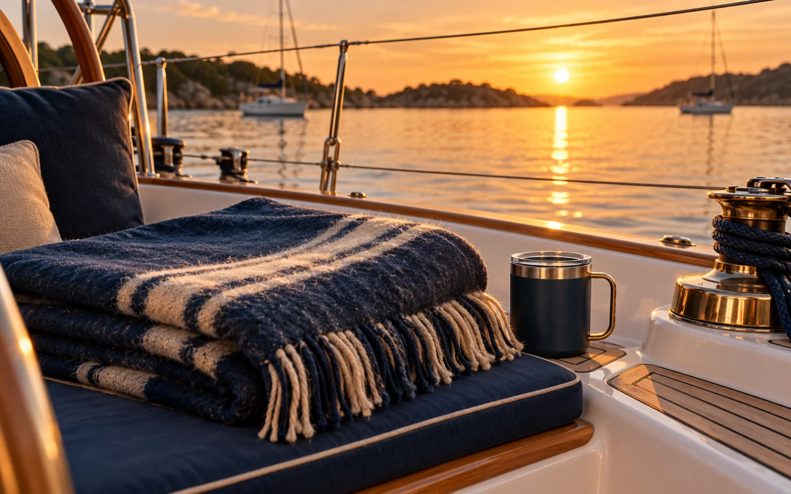 Plaid en laine et mug isotherme posés sur la banquette du cockpit d’un voilier au mouillage, au coucher du soleil
