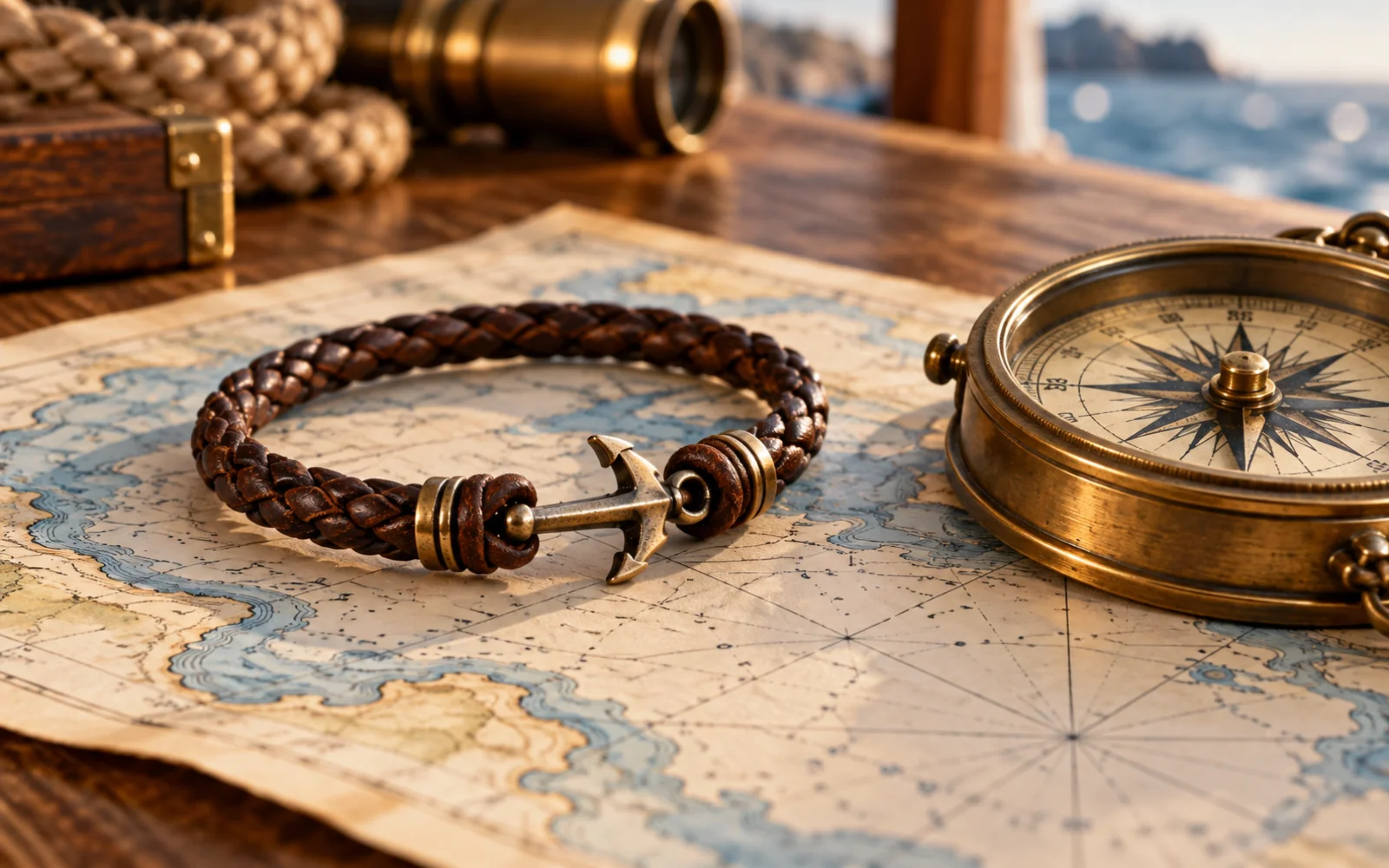 Bracelet en cuir tressé avec une ancre posé sur une carte marine, avec un compas de relèvement