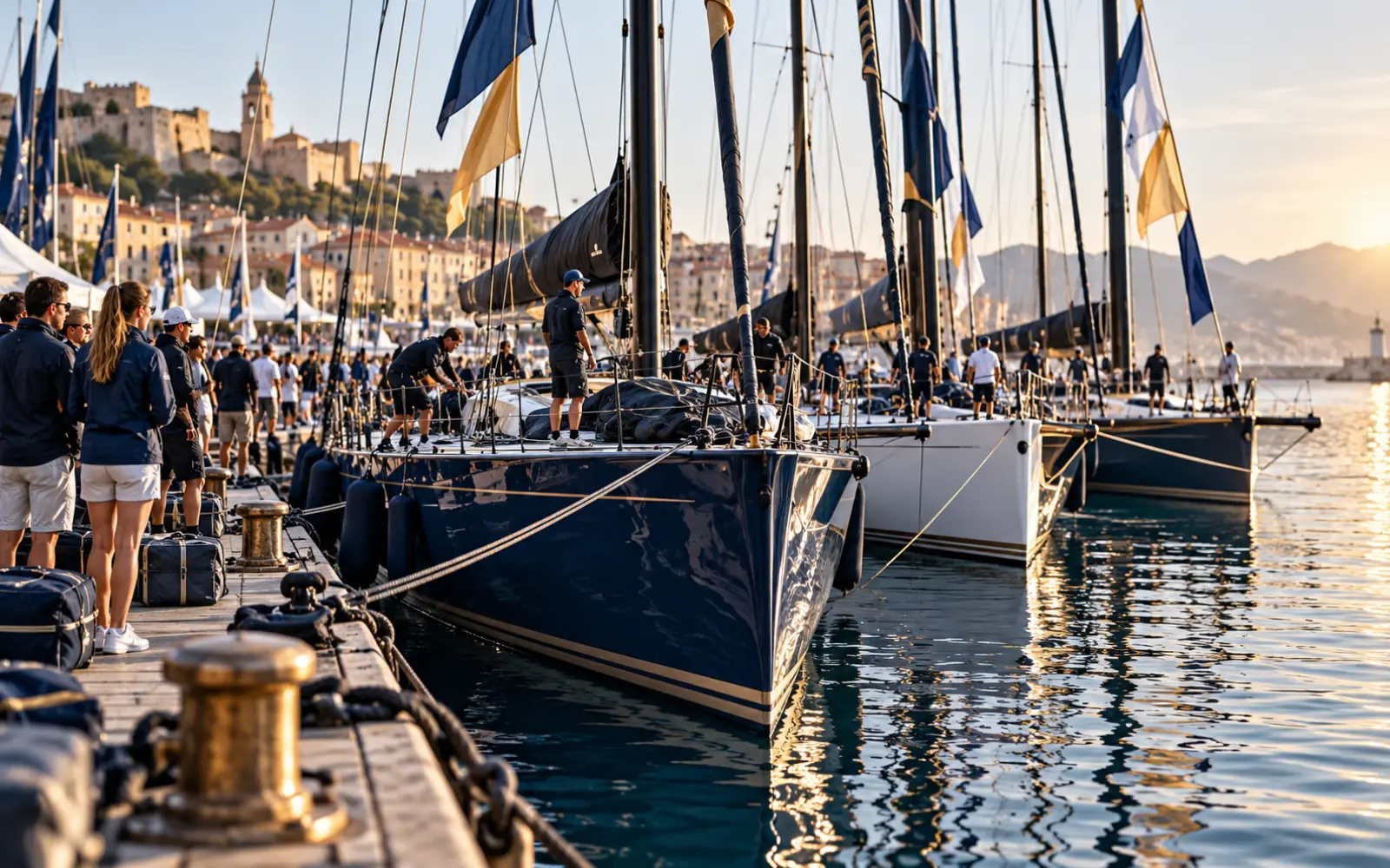 Quai d’un village de course avec des voiliers de course au large amarrés avant le départ
