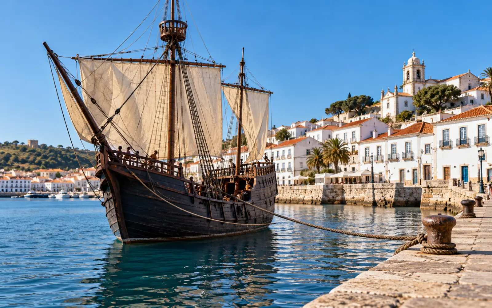 Réplique de caravelle amarrée à un quai d’un port portugais