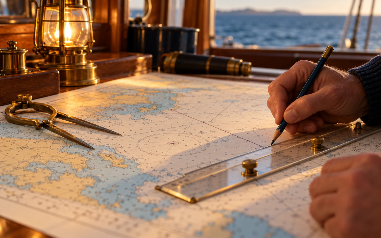 Main traçant une route au crayon sur une carte marine avec une règle