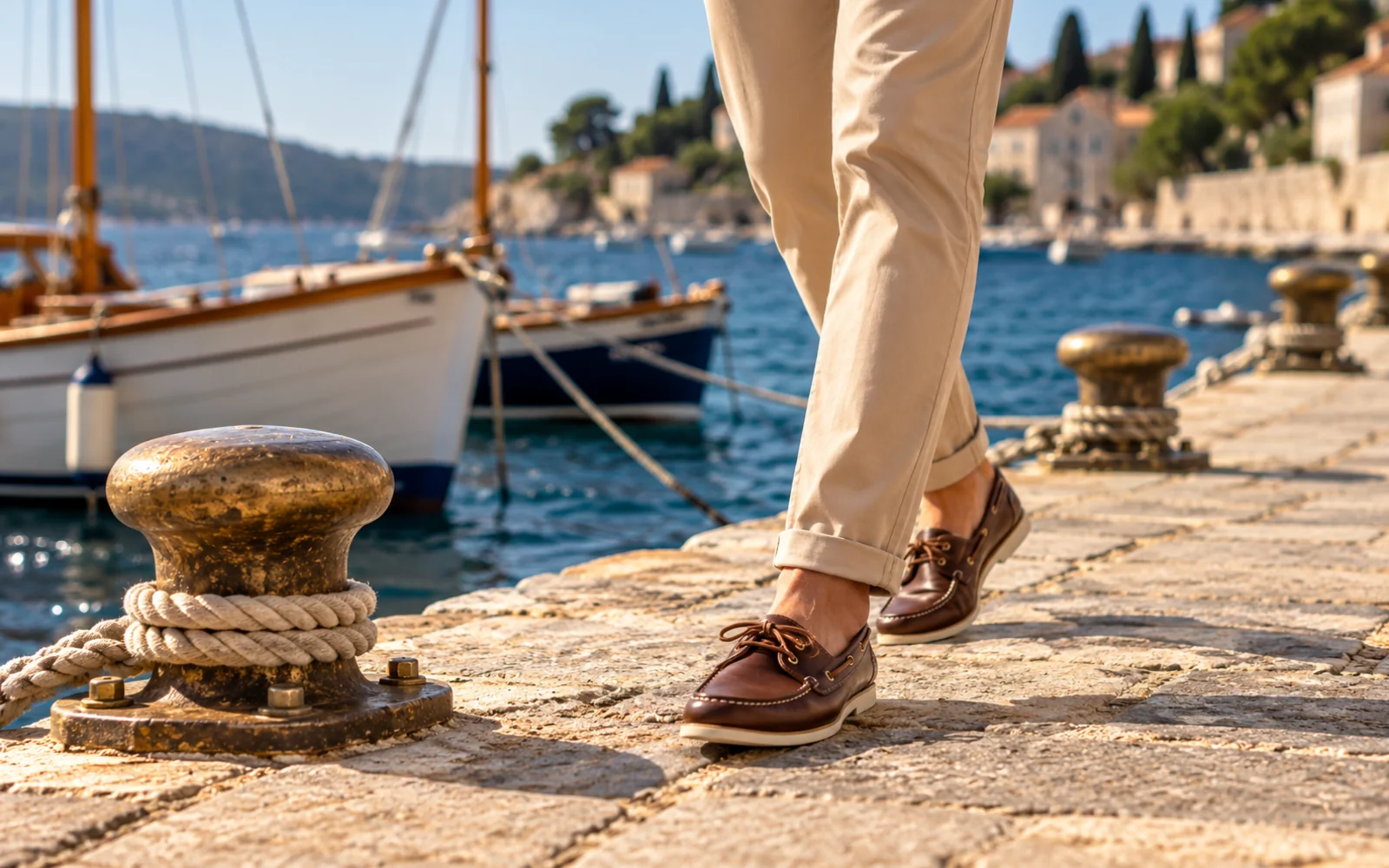Jambes d’une personne en chino beige et chaussures bateau marchant sur un quai de port