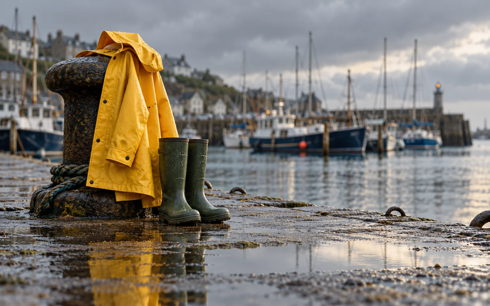 Ciré jaune et bottes en caoutchouc posés sur un quai mouillé