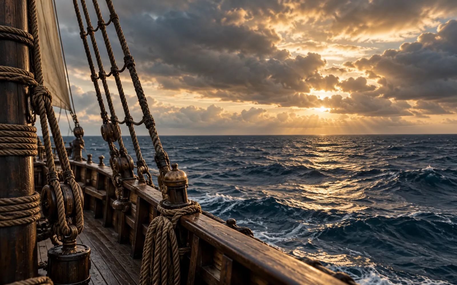 Horizon vide et ciel chargé vus depuis le pont d’une caravelle